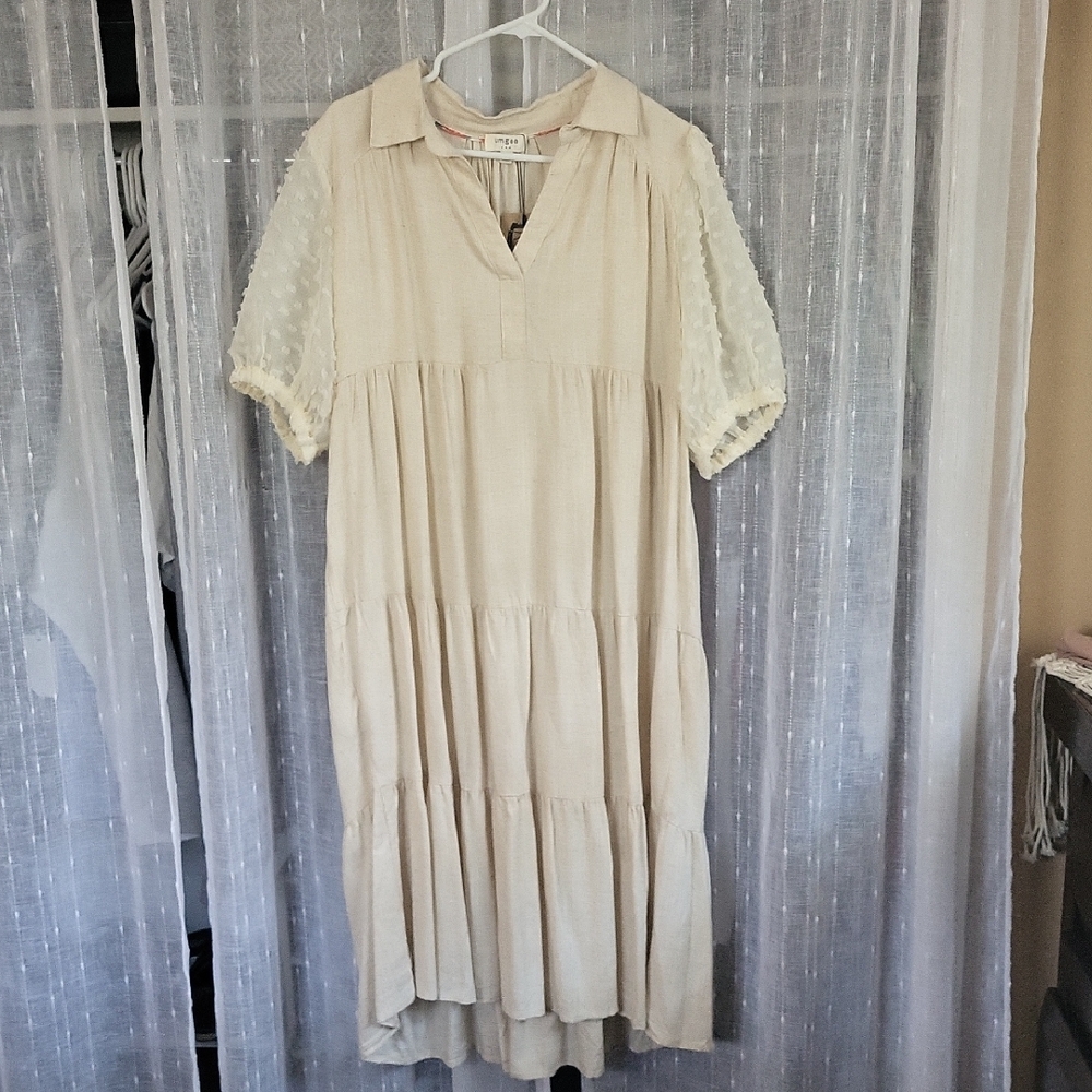 Umgee Cream Midi Dress with Puff Sleeves and V-neck